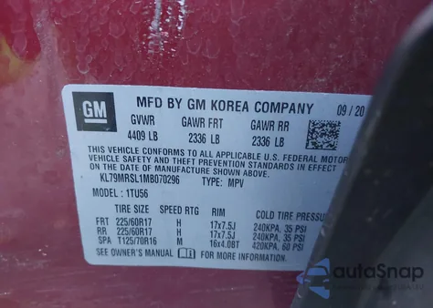 2021 Chevrolet Trailblazer Awd Lt from USA, damaged, VIN KL79MRSL1MB070296